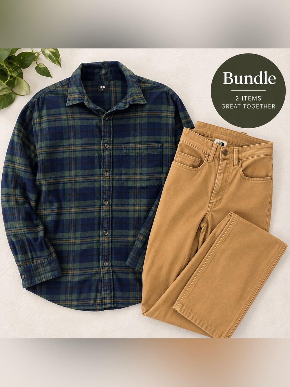 Uniqlo M Black Watch Flannel + The North Face 33 Khaki Pants Bundle